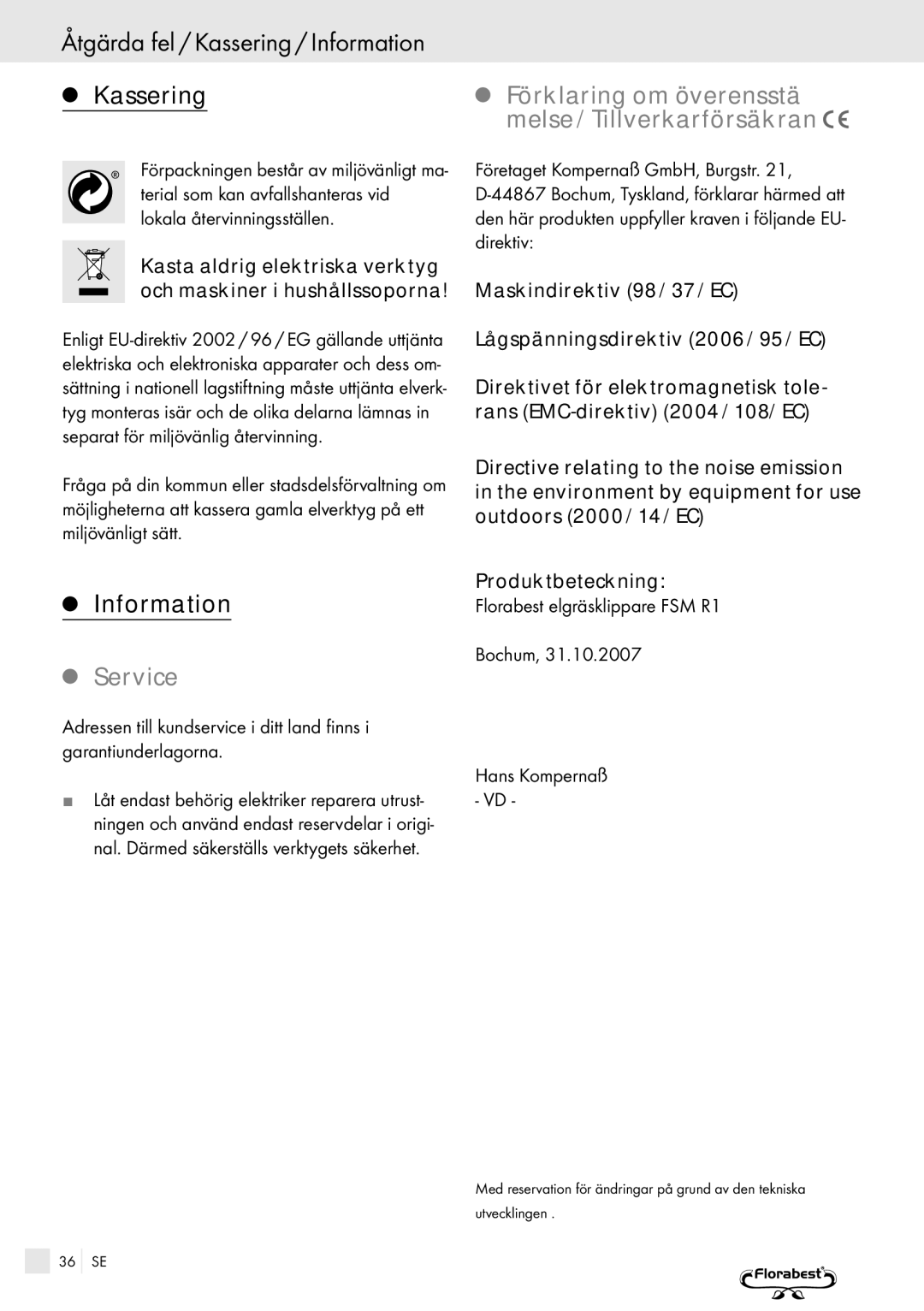 Kompernass FSM R1 manual Åtgärda fel / Kassering / Information, Förklaring om överensstä melse / Tillverkarförsäkran 